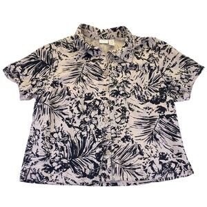 Erika Woman Tropical Palm Floral Linen Blend Button Down Shirt Black Cream 2X